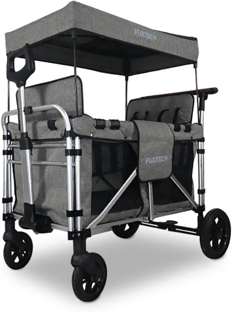 Premium Grey 4-Seater All-Terrain Kids Folding Wagon with Canopy & Safety Belts