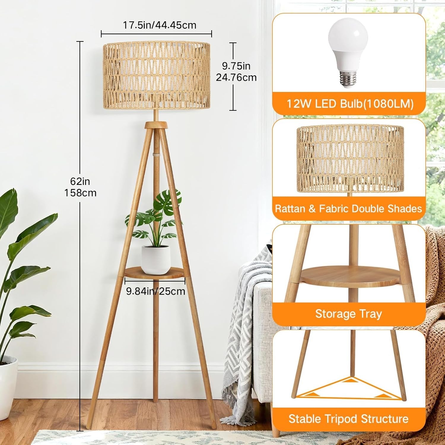 Wooden Tripod Floor Lamp Rattan Double Shade Remote Dimmable Boho Light