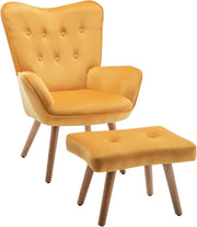 Yellow Velvet Armchair with Footstool, Comfy Reading Lounge Chair Set