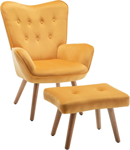 Yellow Velvet Armchair with Footstool, Comfy Reading Lounge Chair Set