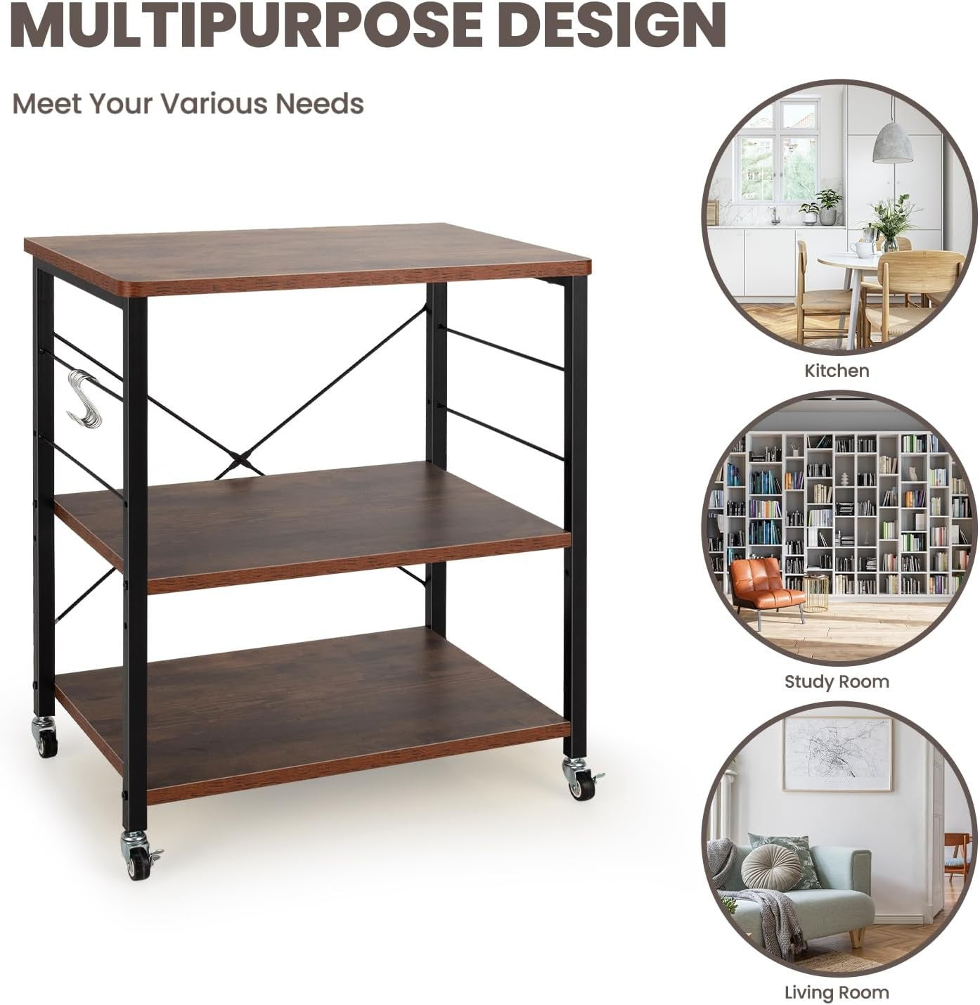 Kitchen Bakers Rack Rolling Cart Microwave Stand 3 Tier Shelves Wheels