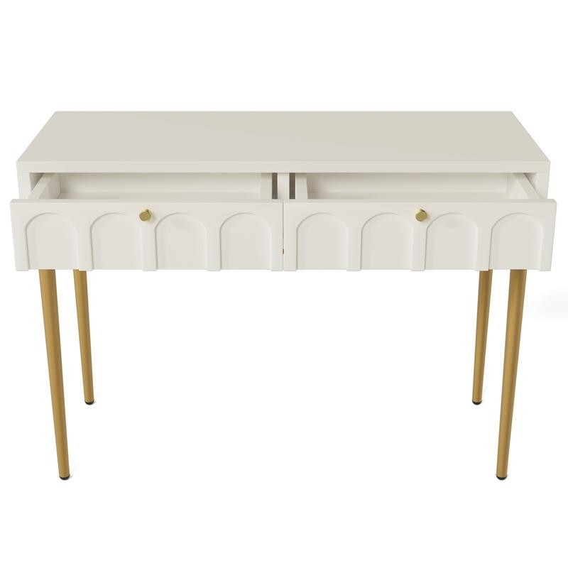 White Dressing Table with 2 Drawers & Gold Legs – Bedroom Makeup Desk
