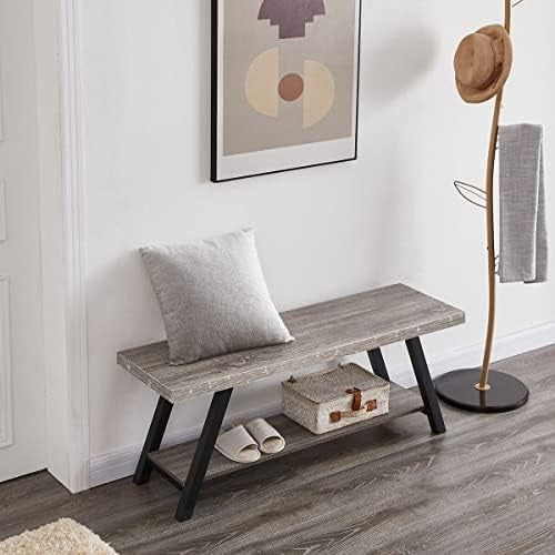 Farmhouse Wood Metal Entryway Bench Shoe Rack Seat Industrial Grey Oak 47in