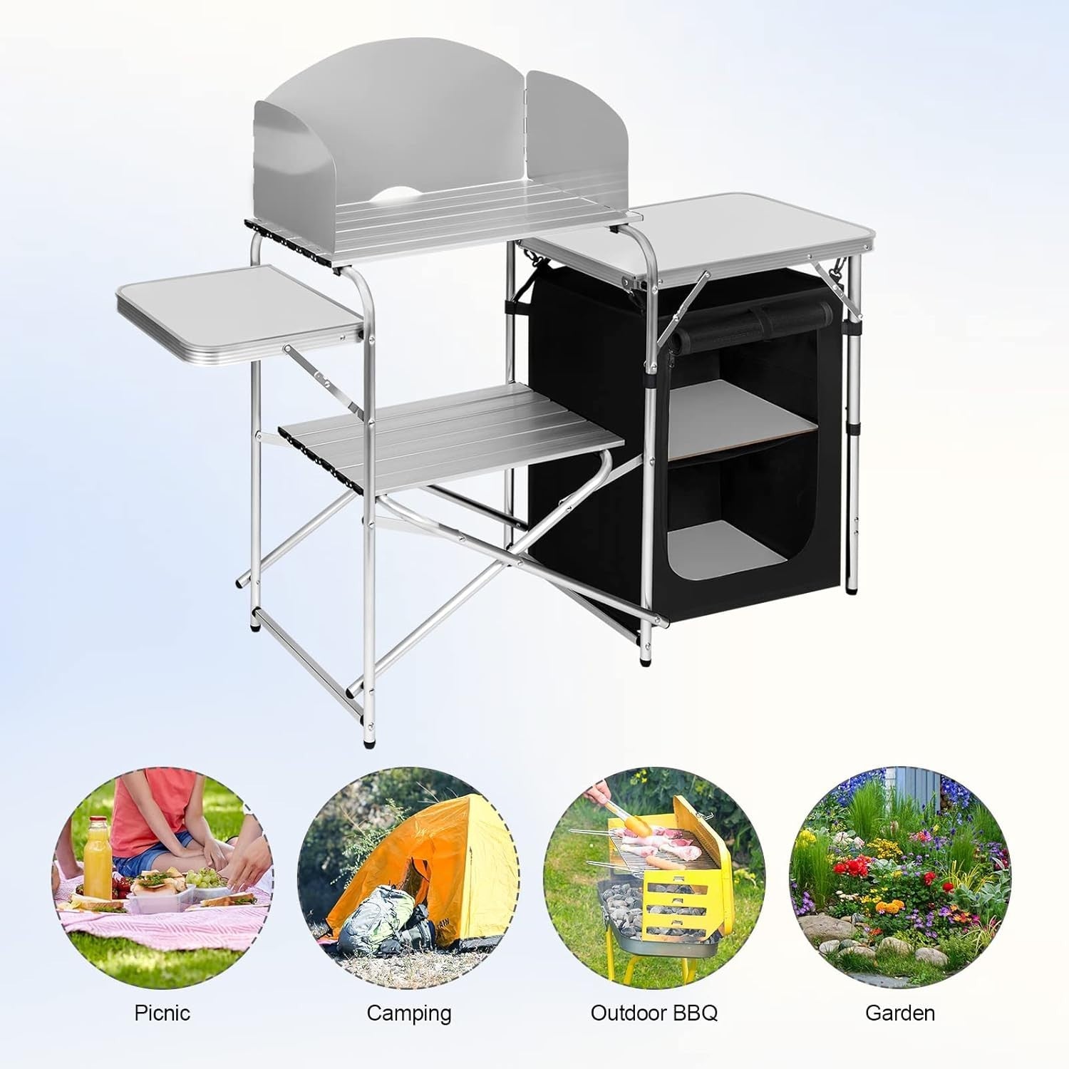 Folding Camping Kitchen Table | BBQ Cooking Unit with Cupboards & Bag