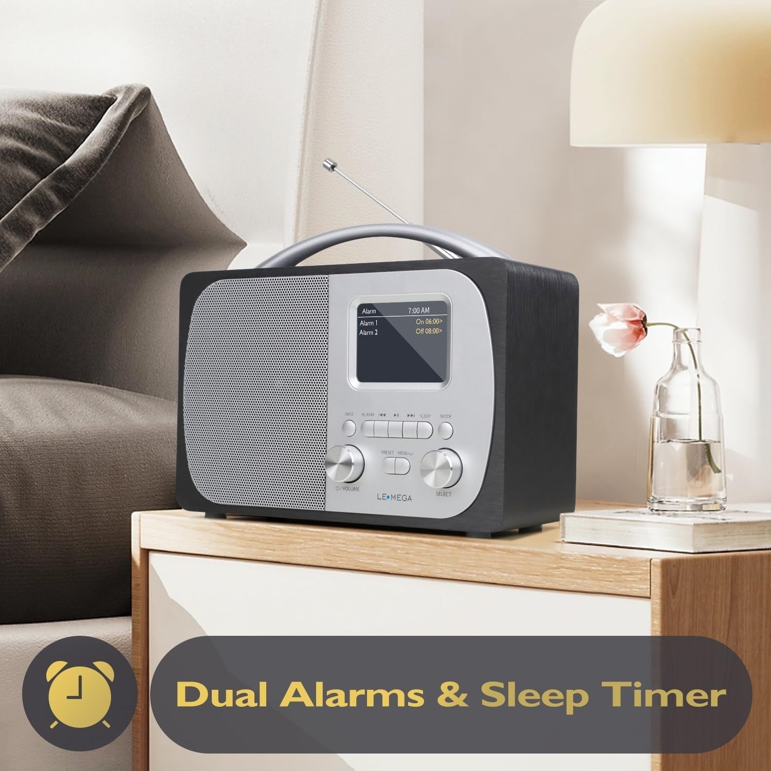 DAB DAB+ FM Digital Radio Bluetooth Alarm Clock Anthracite Wood