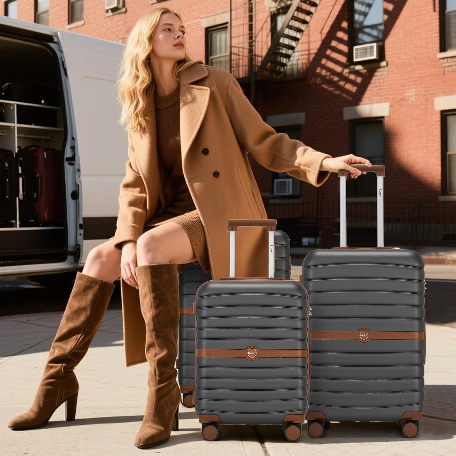 24'' Grey Brown Check In Suitcase ABS PC Hard Shell Spinner Wheels Lock