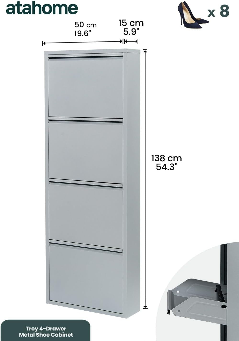 Slim Wall Mounted Shoe Cabinet 4-Tier Metal Storage Rack 138cm Grey