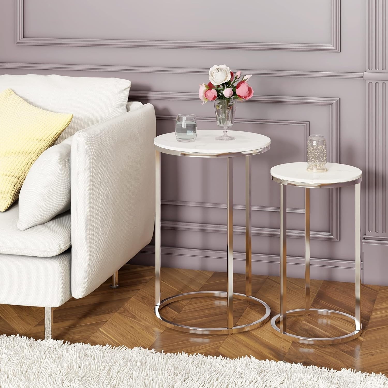 Space Saving Nesting End Tables Set of 2 Round Silver Metal Frame