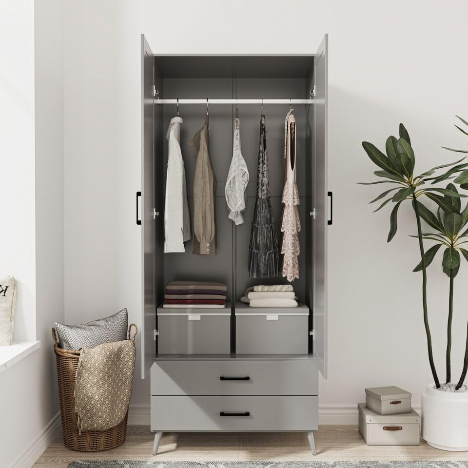 Modern Black Grey Wardrobe 2 Door 2 Drawer Bedroom Storage Cupboard Unit
