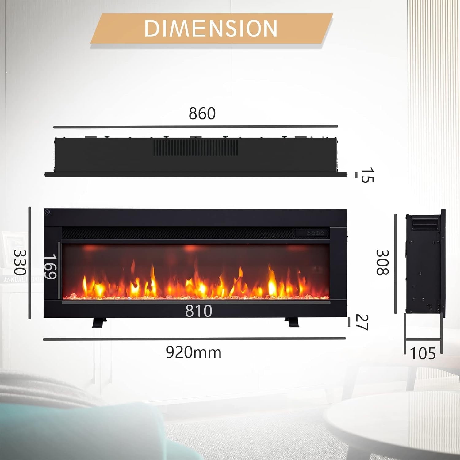 36” Wall Mounted Electric Fireplace Heater LED Flame Logs Remote 1800W
