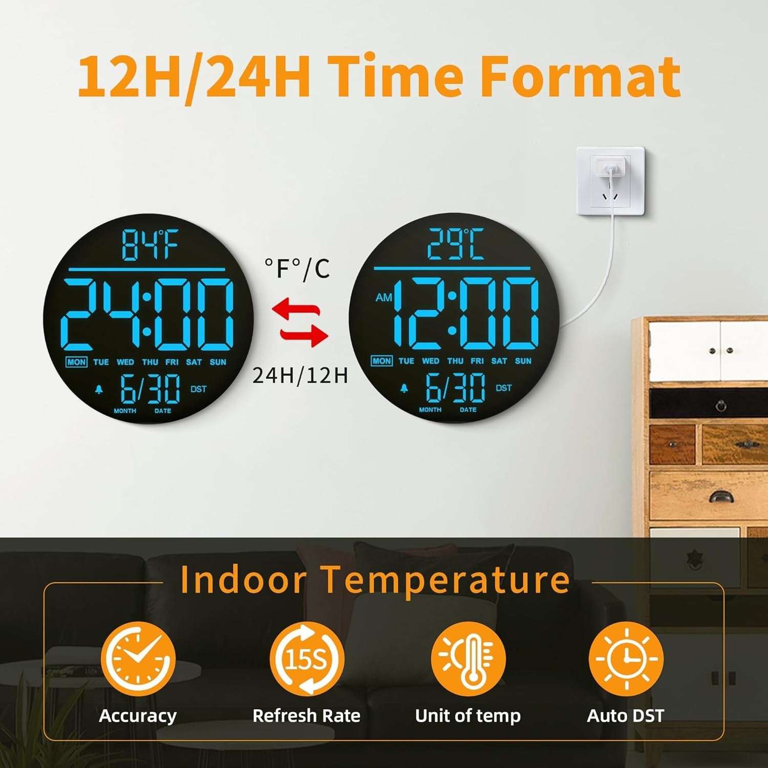 Black LED Digital Wall Clock 10 Inch Remote Control Night Light Display
