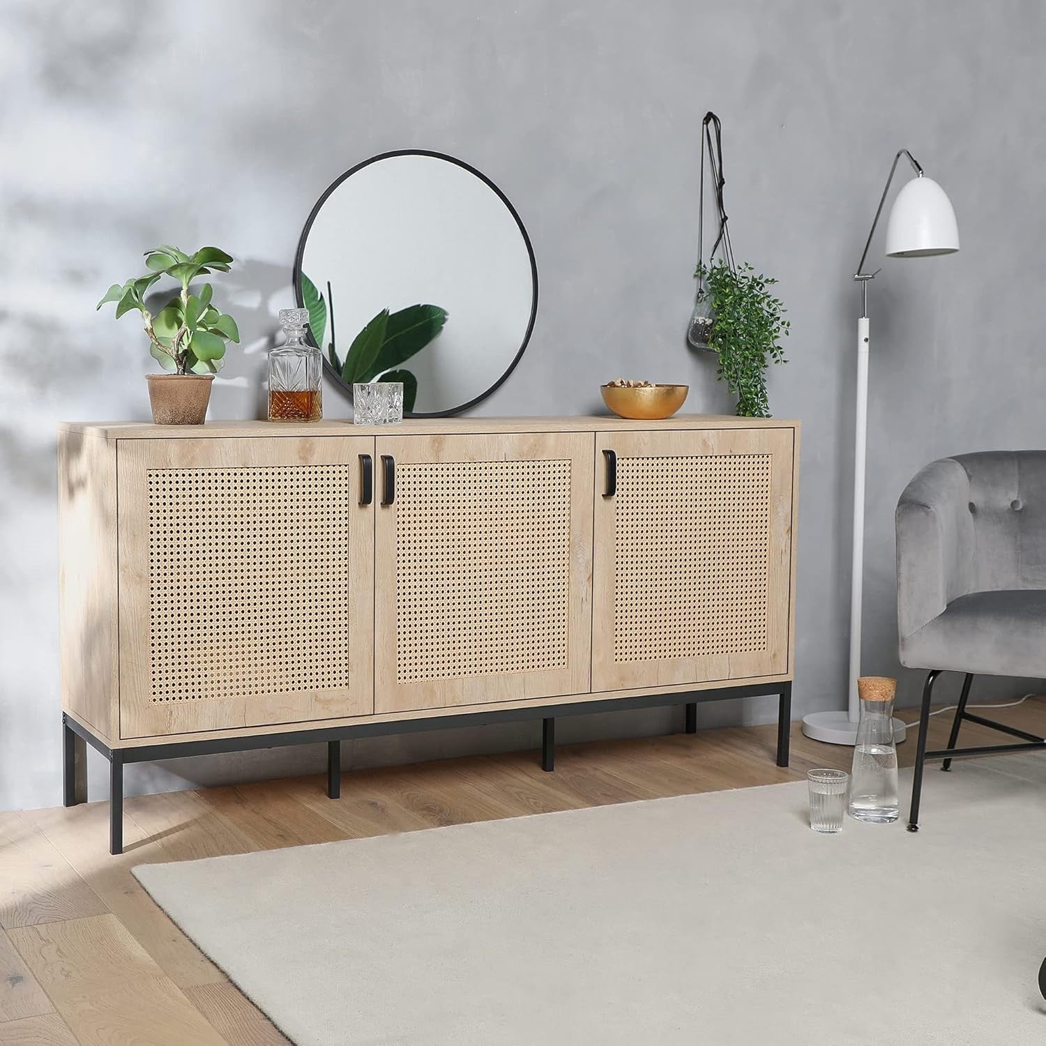 Scandi Rattan Sideboard Cabinet 3 Door Storage Unit Light Wood