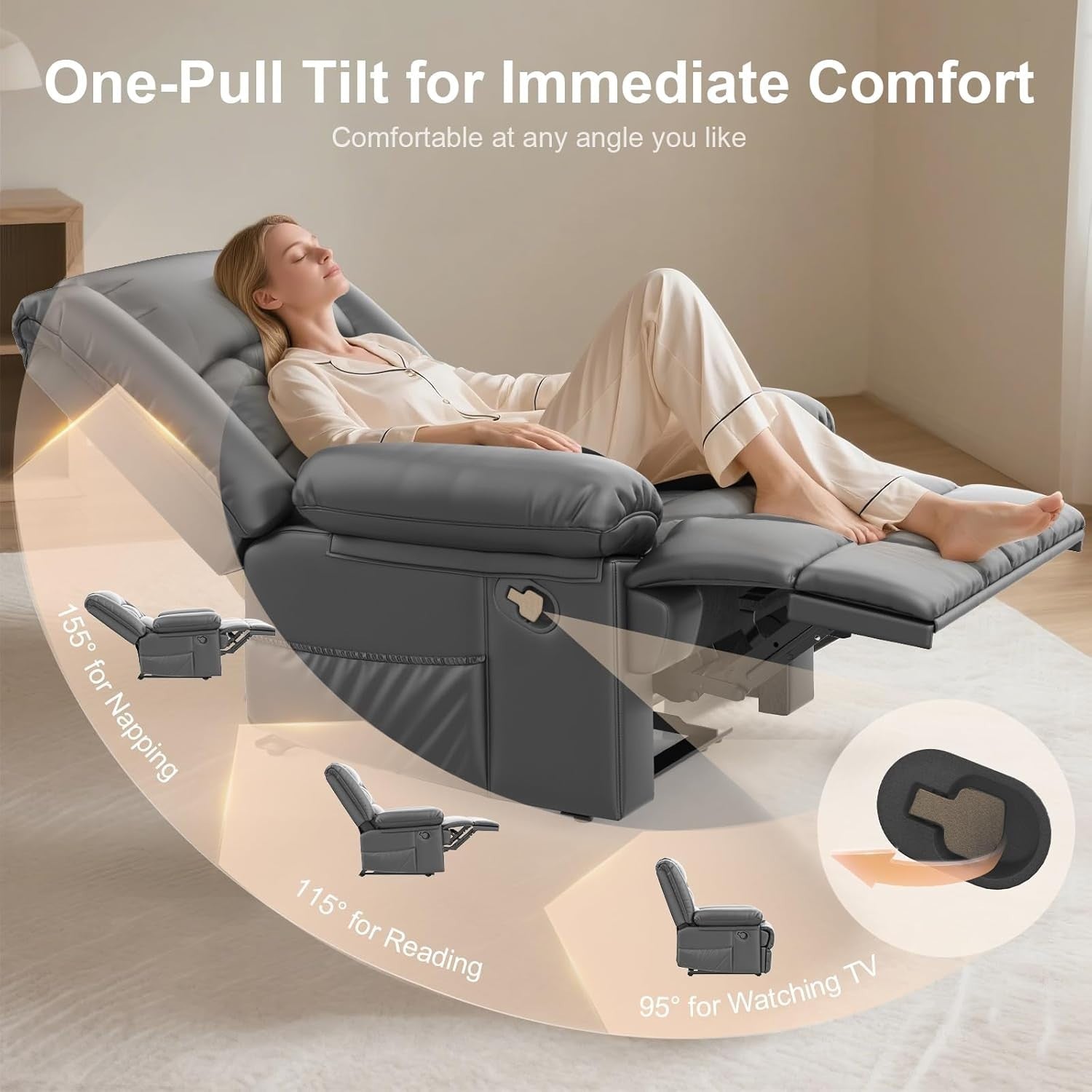 Manual Recliner Chair Massage Heat 135° Recline Footrest Dual Side Pockets Grey