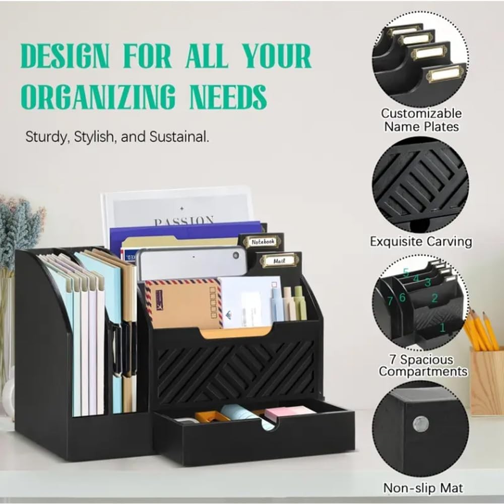 Wooden Desk Organizer Mail Sorter with Drawer & Storage for Office Home