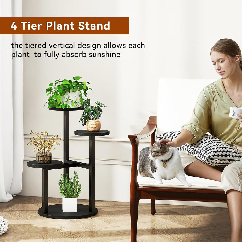 4 Tier Black Metal Wood Plant Stand | Modern Indoor Corner Flower Pot Shelf