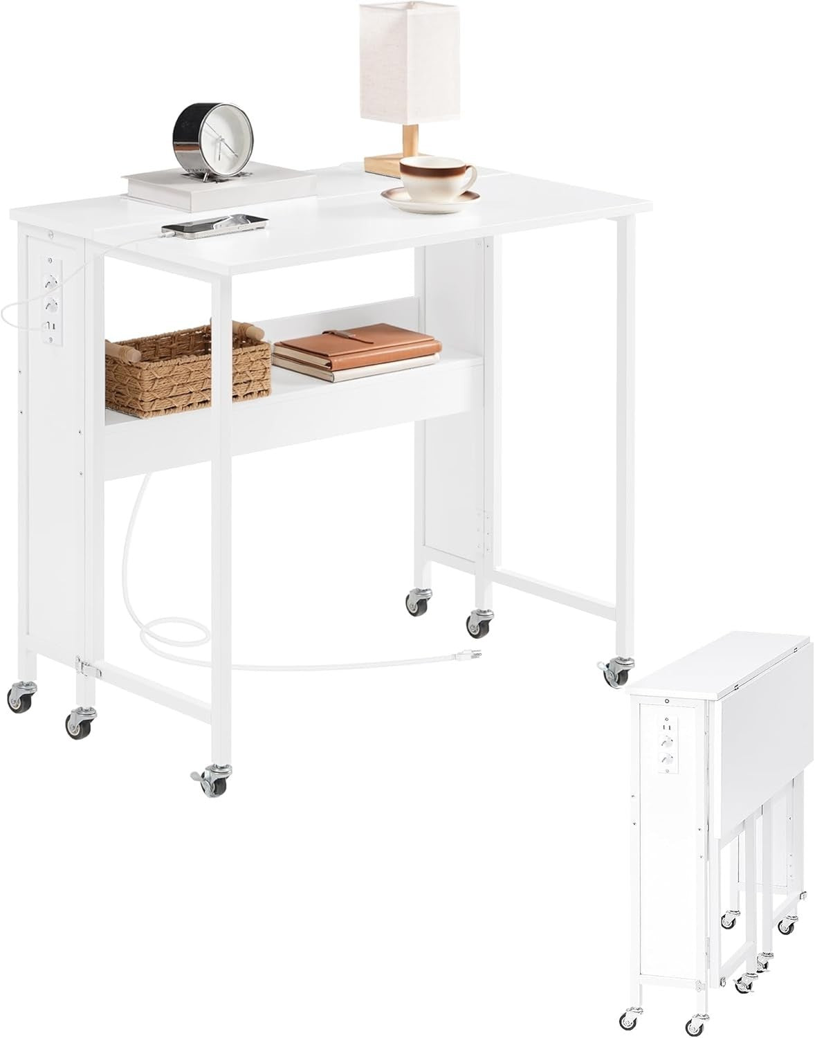 White Folding Computer Desk with Charging Ports & Wheels 80x50cm