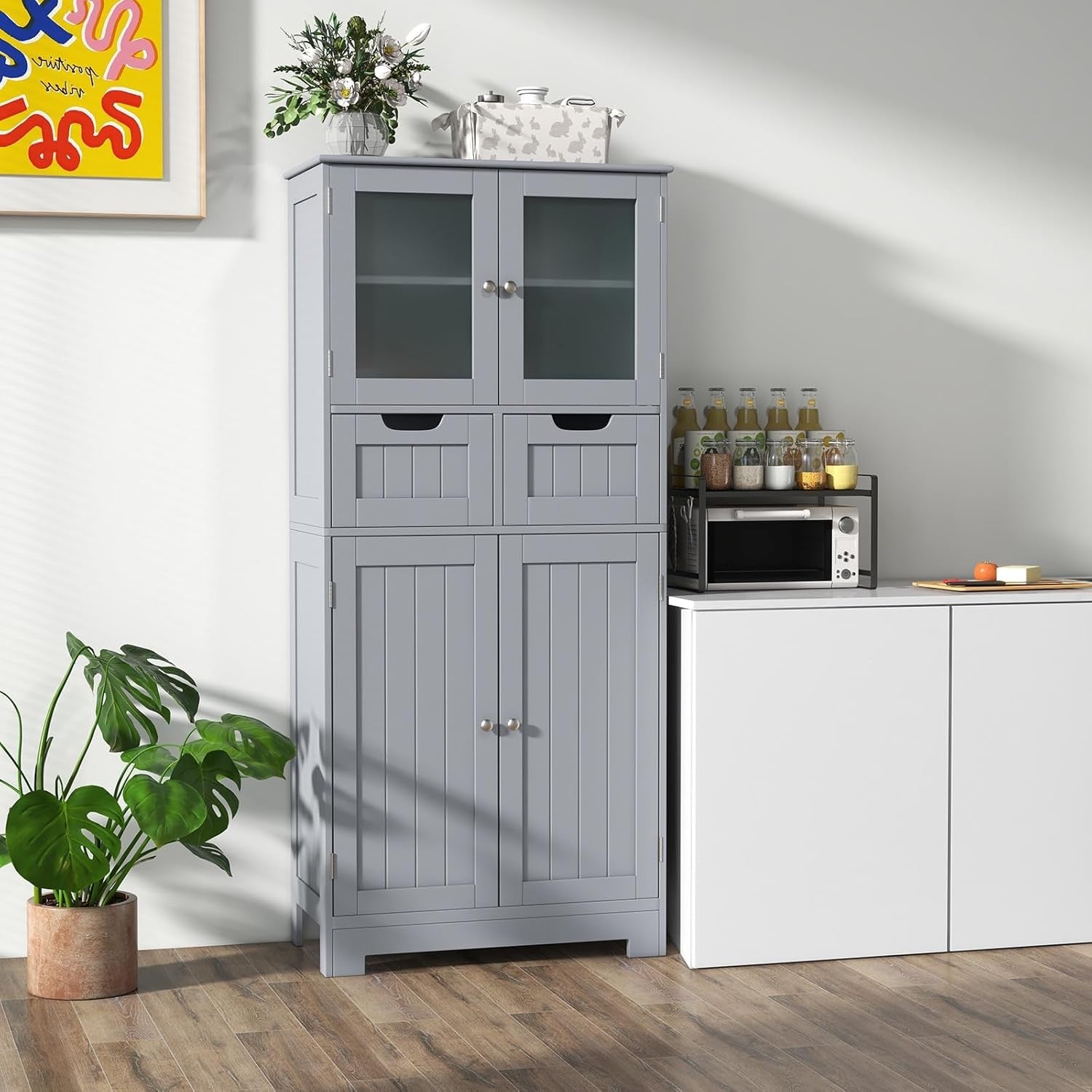 Grey Freestanding Storage Cabinet with Glass Doors & Drawers Shelves