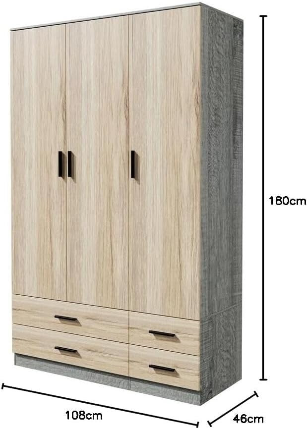 3 Door 4 Drawer Wardrobe Hanging Rail Storage Ash Grey & Oak Bedroom