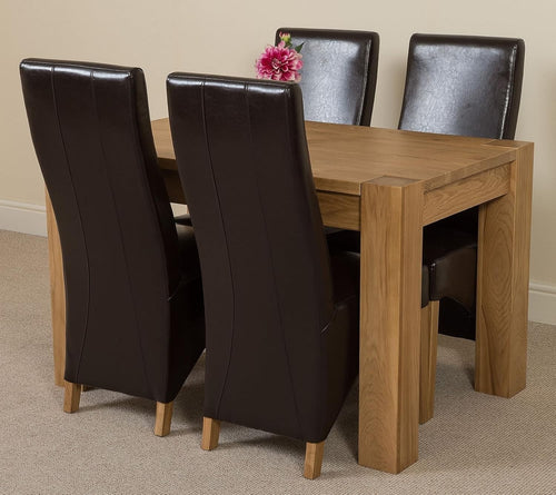 Solid Oak Dining Table & 4 Leather Chairs Set Small Room 125x80cm