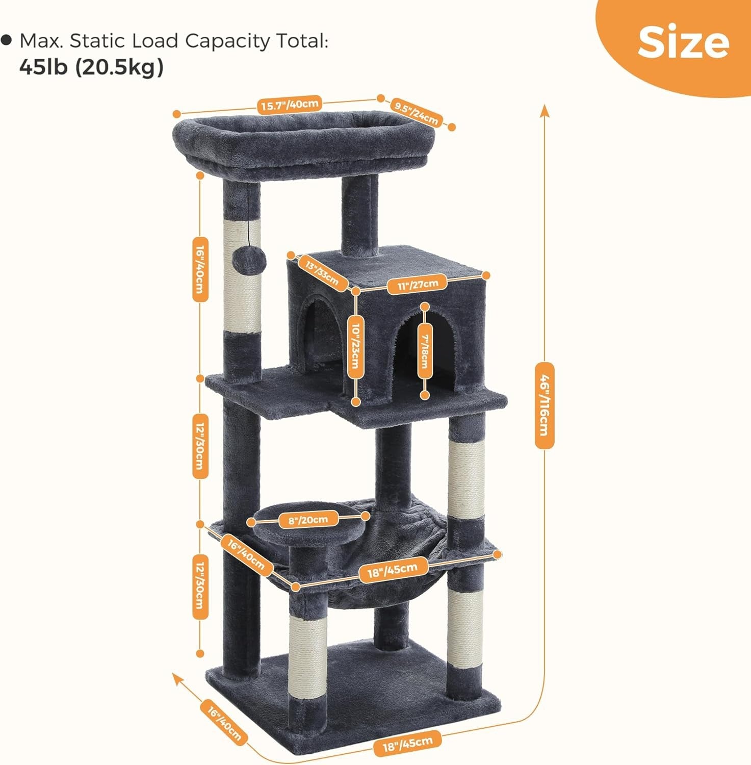 116cm Cat Tree Tower Multi Level Scratching Posts Condo Hammock Dark Grey