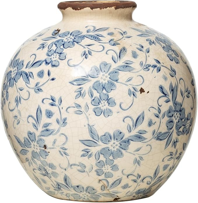 Blue Terracotta Floral Vase Crackle Finish Decorative Table Home Decor