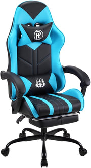 Ergonomic Gaming Chair Office Desk Chair Retractable Footrest Cyan PU Leather