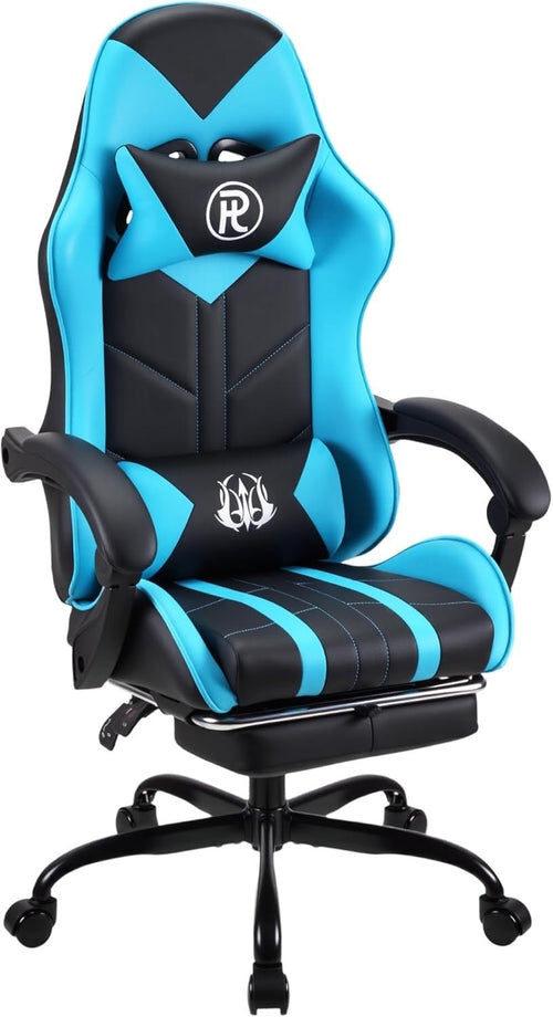 Ergonomic Gaming Chair Office Desk Chair Retractable Footrest Cyan PU Leather