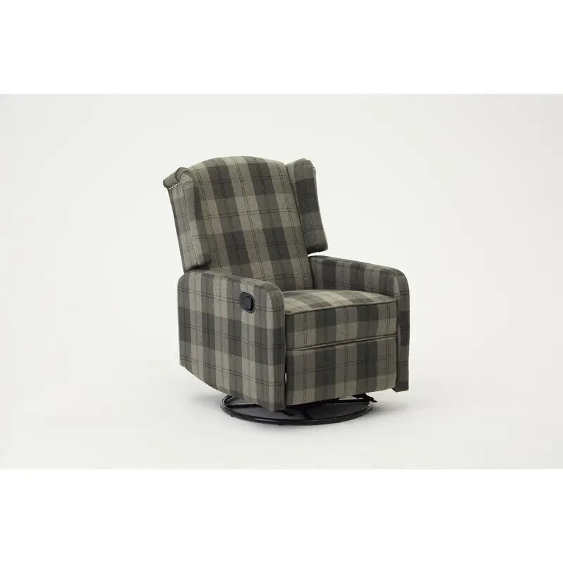 Recliner Armchair Grey Tartan Wingback Chair with Swivel & Footrest Sofa