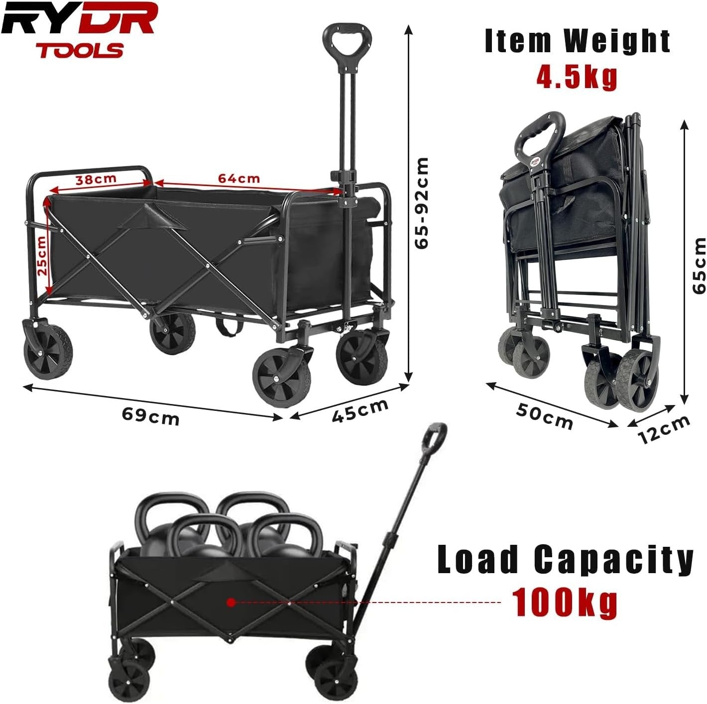 Black 70L Folding Trolley Wagon Lightweight Collapsible Cart Adjustable Handle