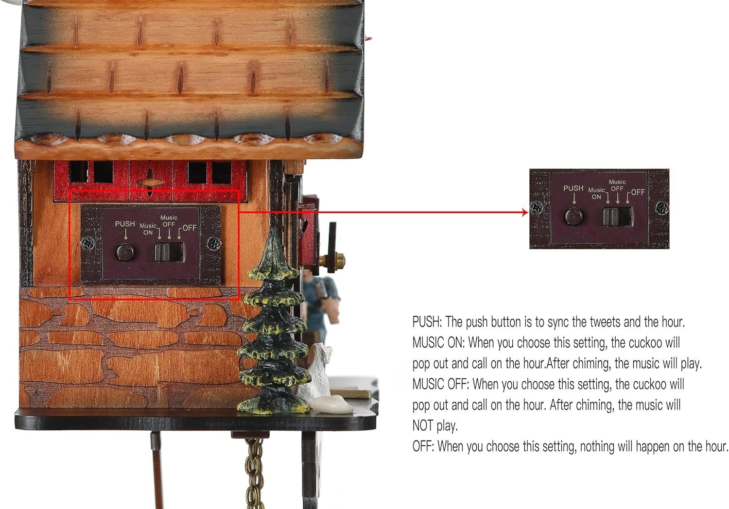 Traditional Wooden Cuckoo Clock Wall Decor, Night Sensor, 12 Melodies