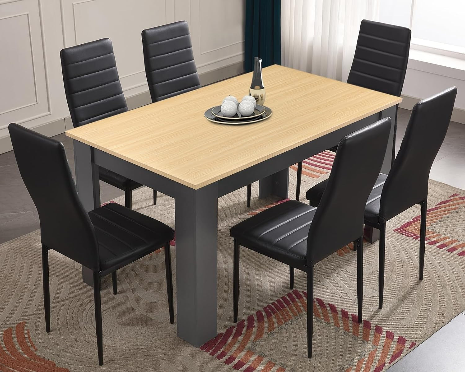 Dining Table Set with 6 Black Leather Chairs - 140x80cm Wooden Modern Design