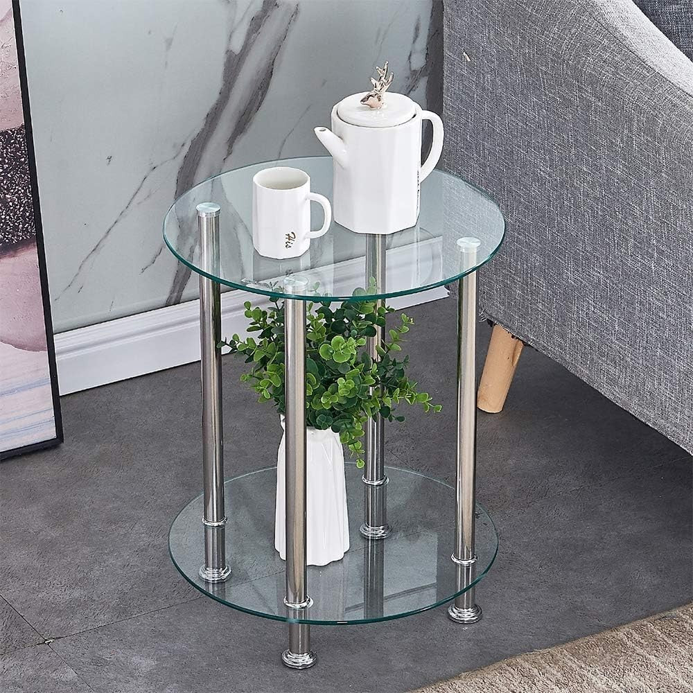 Set of 3 Glass Nesting Coffee Tables 2 Tiers Round/Rectangular Modern Chrome Leg