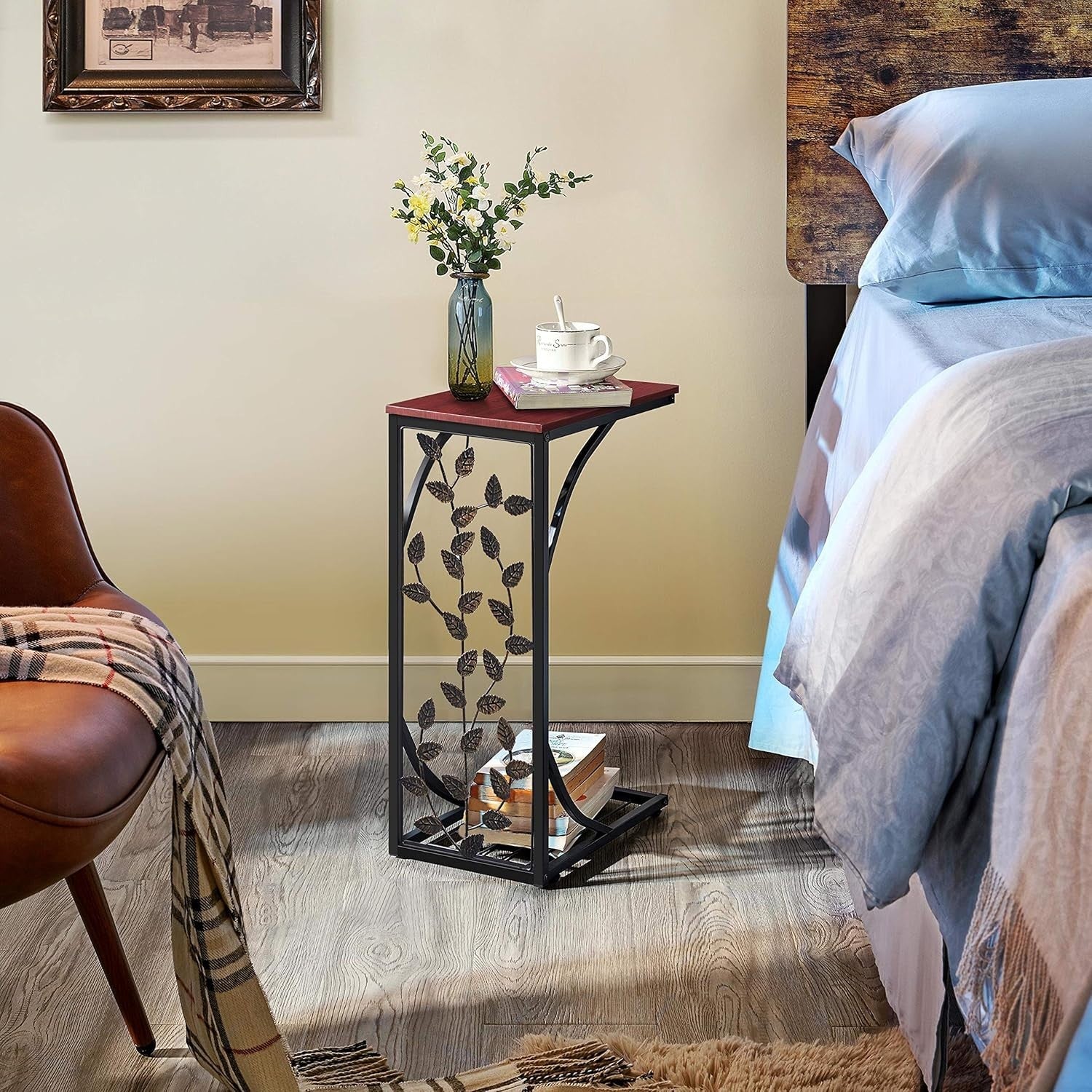C-Shaped Side Table | Small Sofa End Table w/ Storage Shelf 21x30.6x53cm
