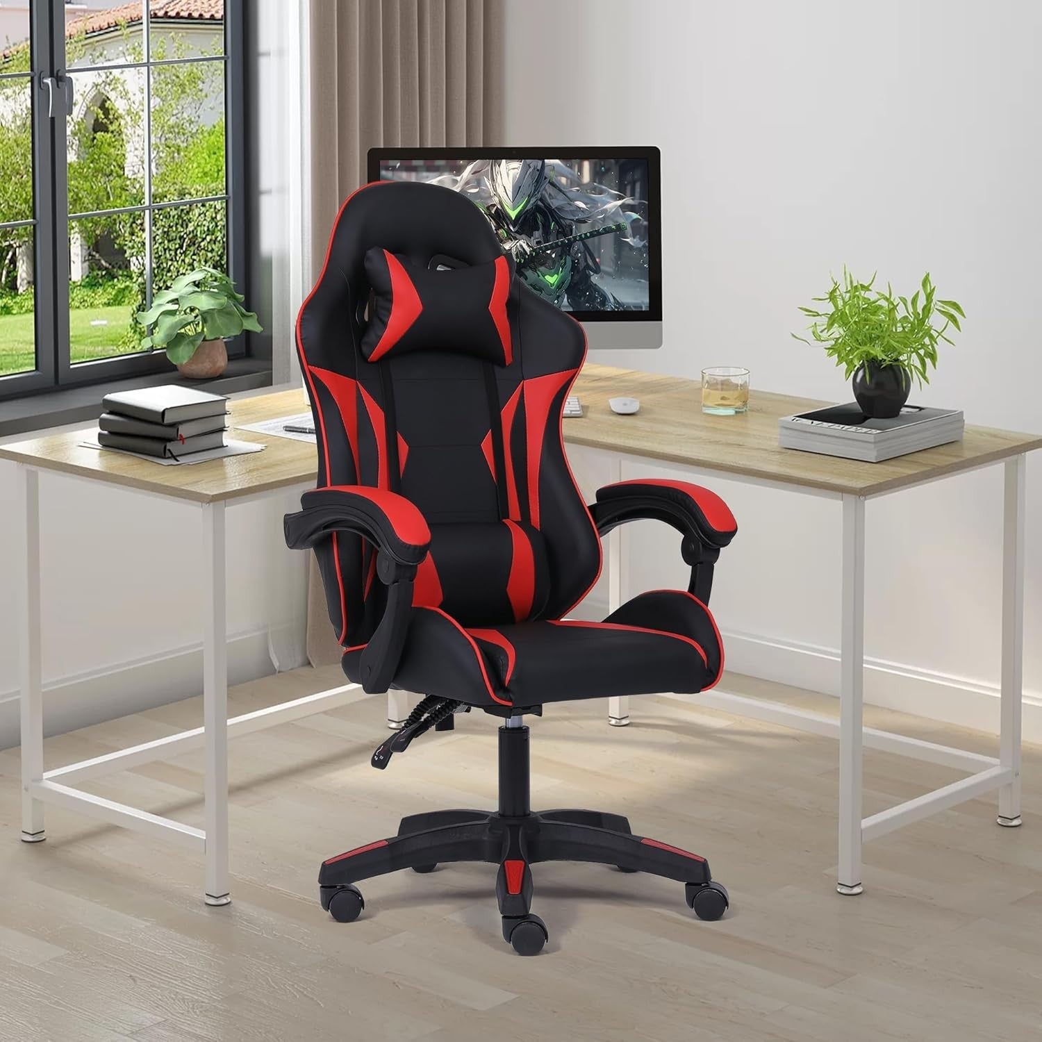 Ergonomic Gaming Chair w/ Lumbar Support Headrest Swivel Red