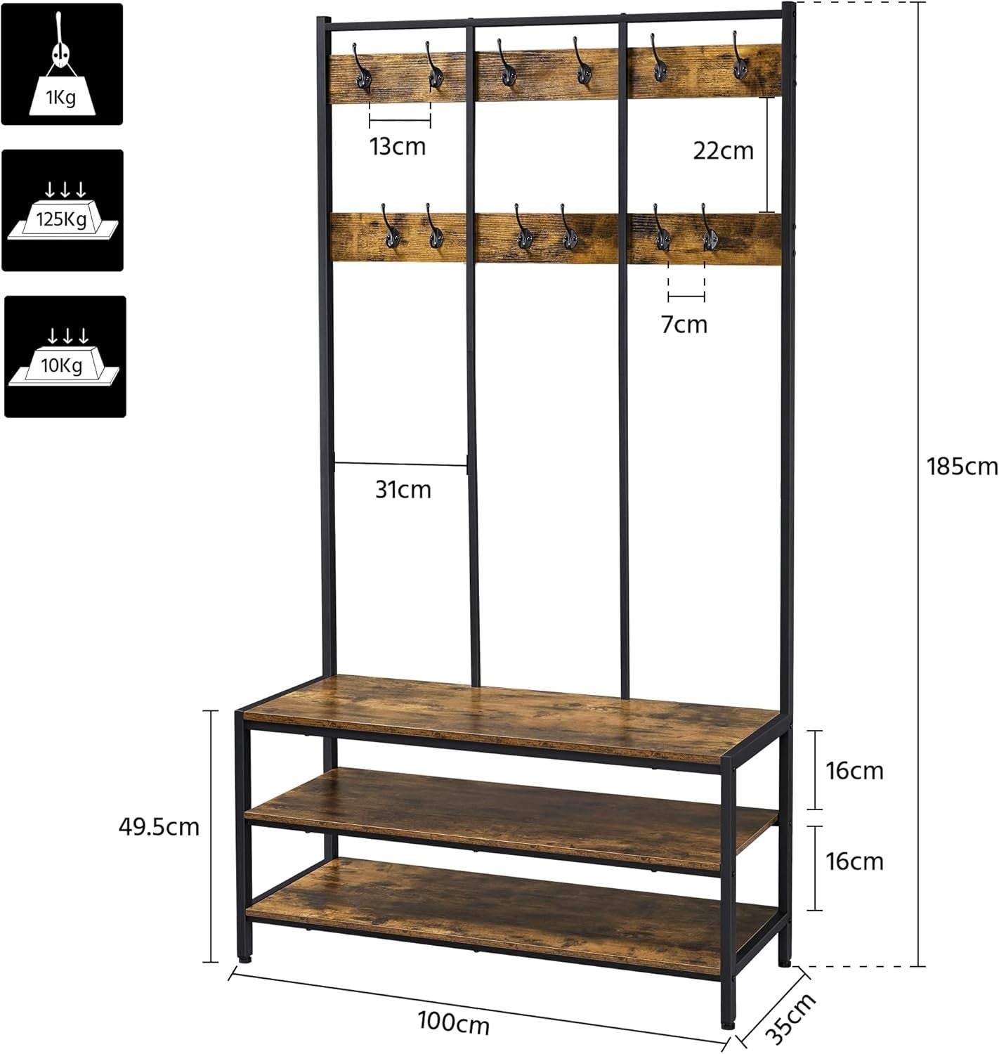 Rustic Brown Hall Tree with 24 Hooks & Shoe Bench Metal Coat Rack Stand