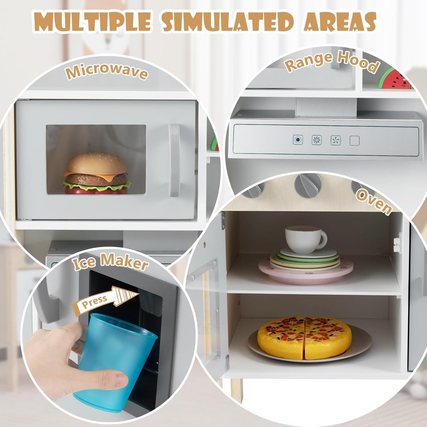 Wooden Kids Play Kitchen Grey Toy Set Microwave Oven Ice Maker Sound