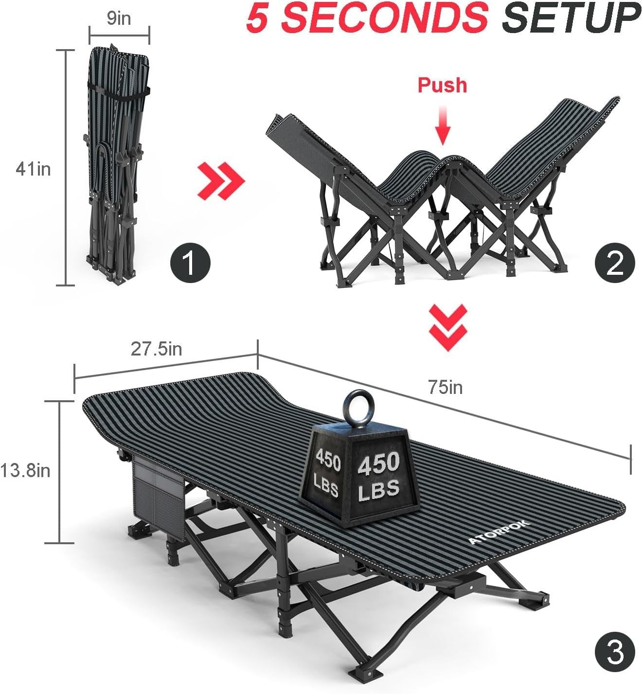 Heavy Duty Folding Camp Bed with Cushion | 450lbs Support Outdoor Cot