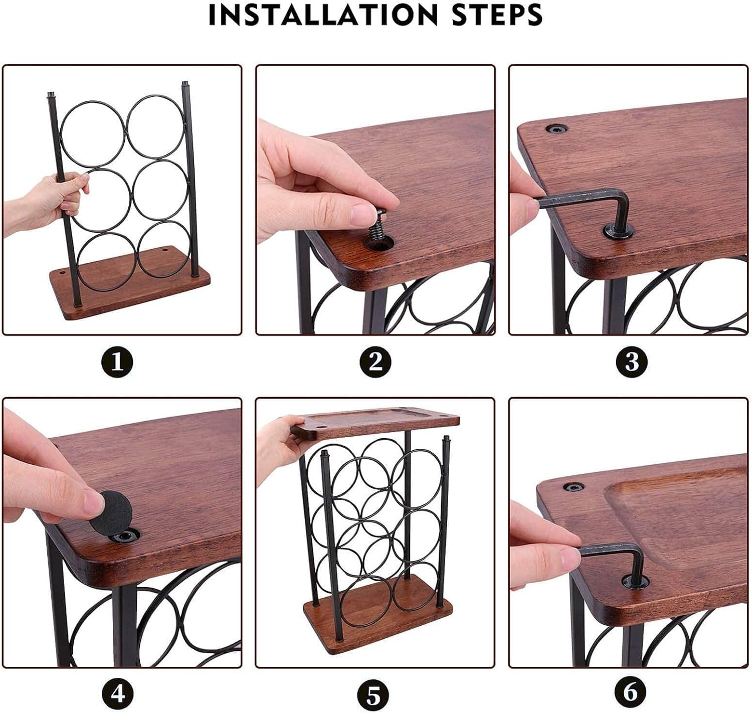 Countertop Wine Rack Holder 6 Bottle Storage Metal & Wood Free Standing Display