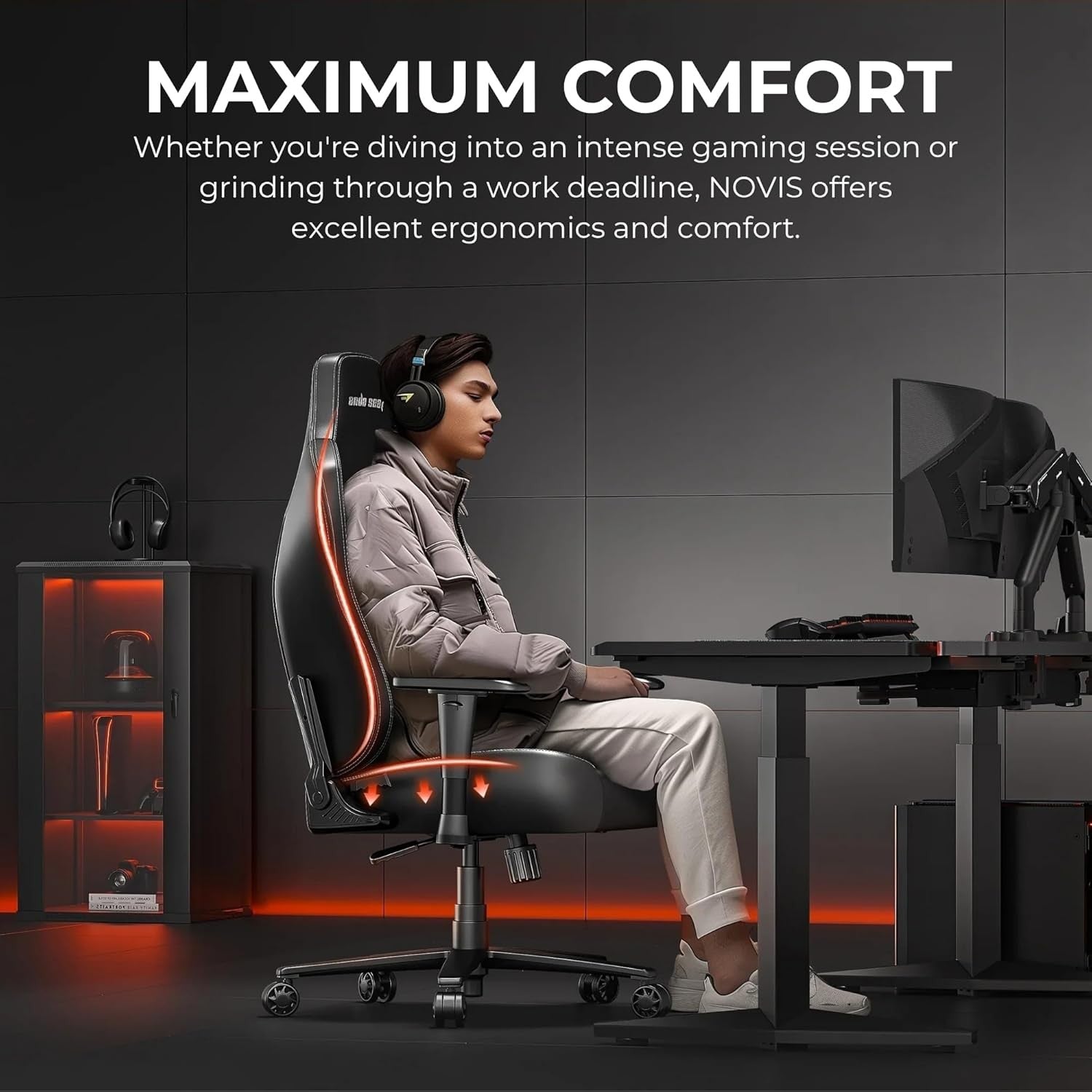 Large Ergonomic Gaming Chair Reclining Linen Fabric Grey