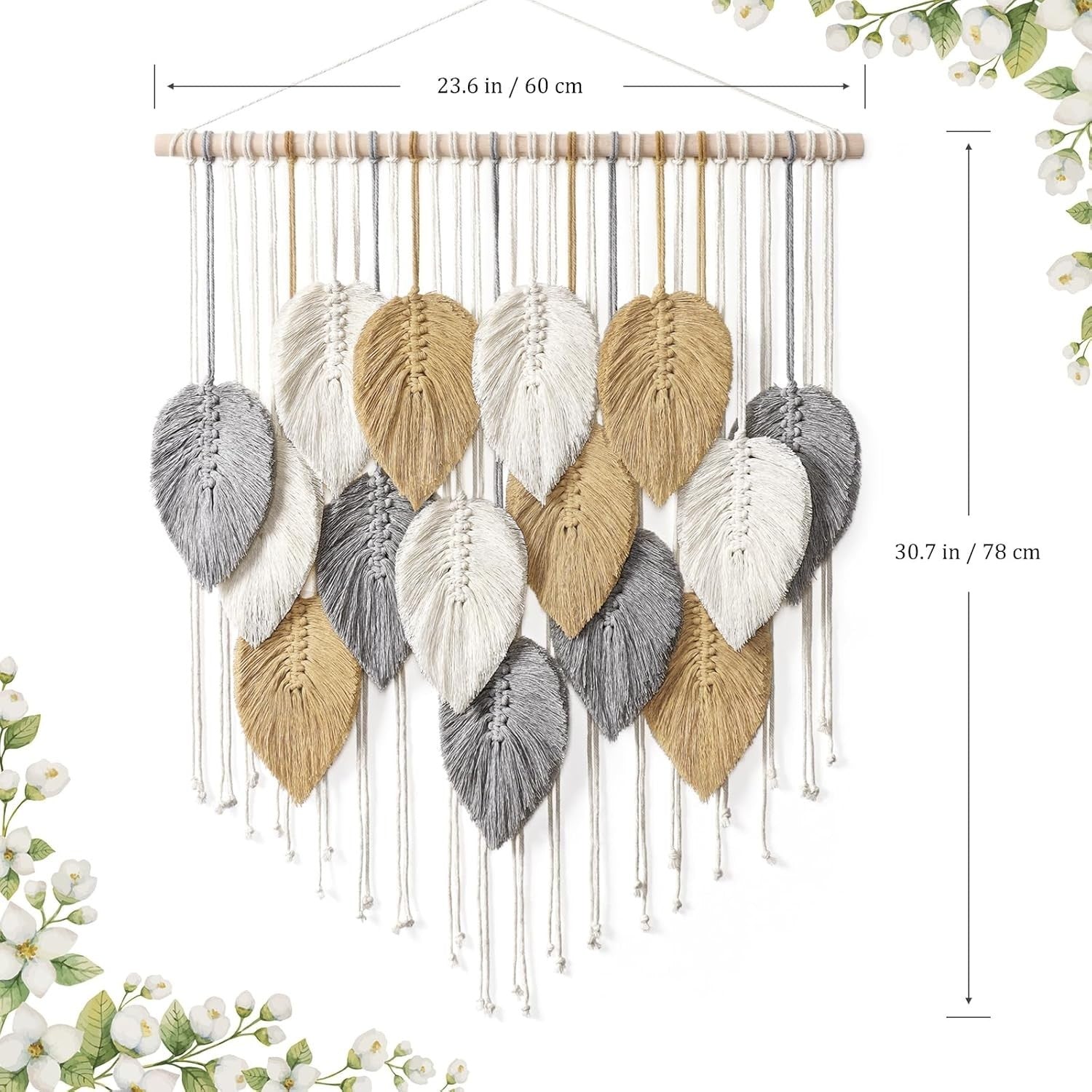 Boho Macrame Wall Hanging 23.6"x30.7" Leaves Woven Tapestry Decor