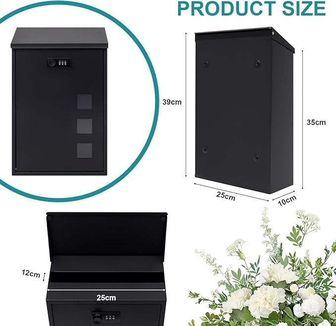 Wall Mounted Steel Mailbox Black Combination Lock Weatherproof 40x25x10cm