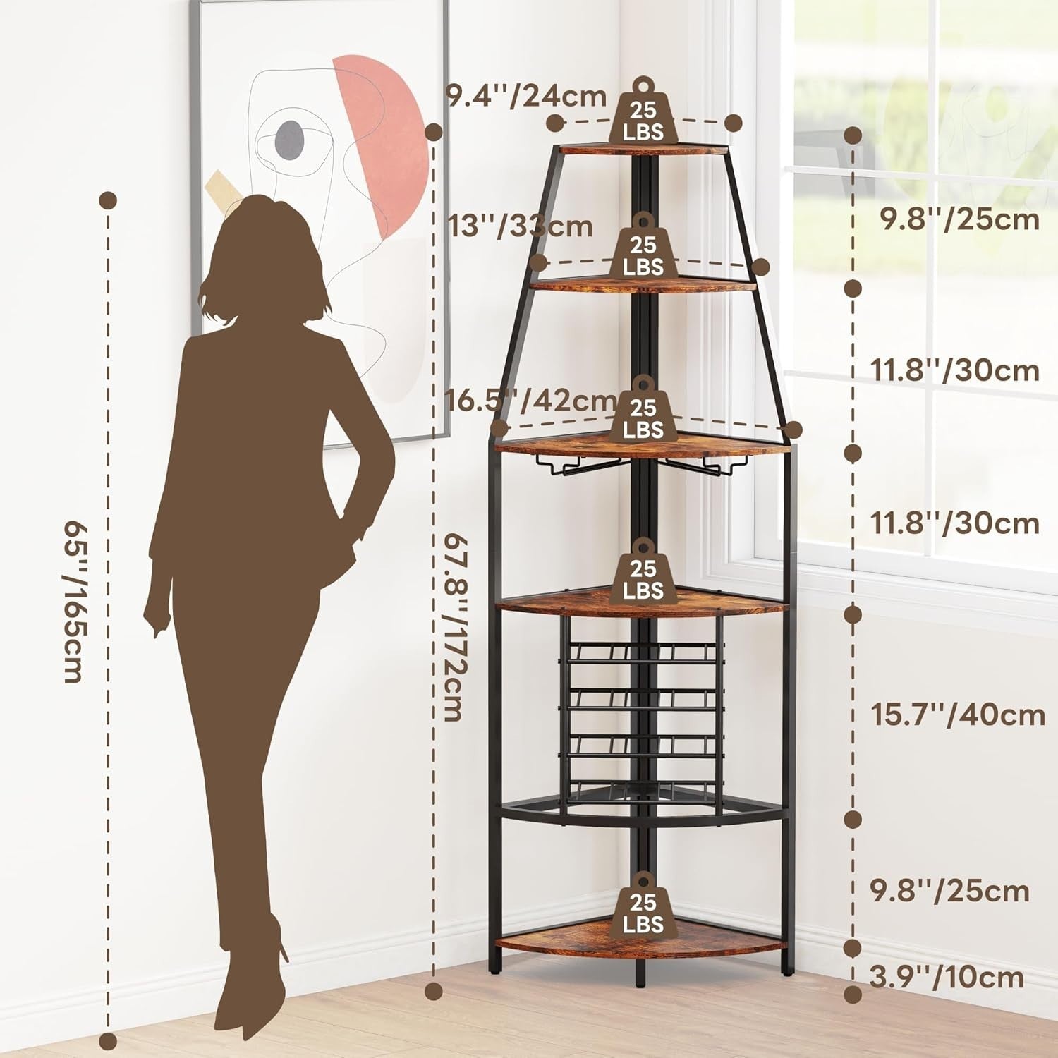 5-Tier Corner Wine Rack with Glass Holders & Bottle Storage, Space-Saving Bar
