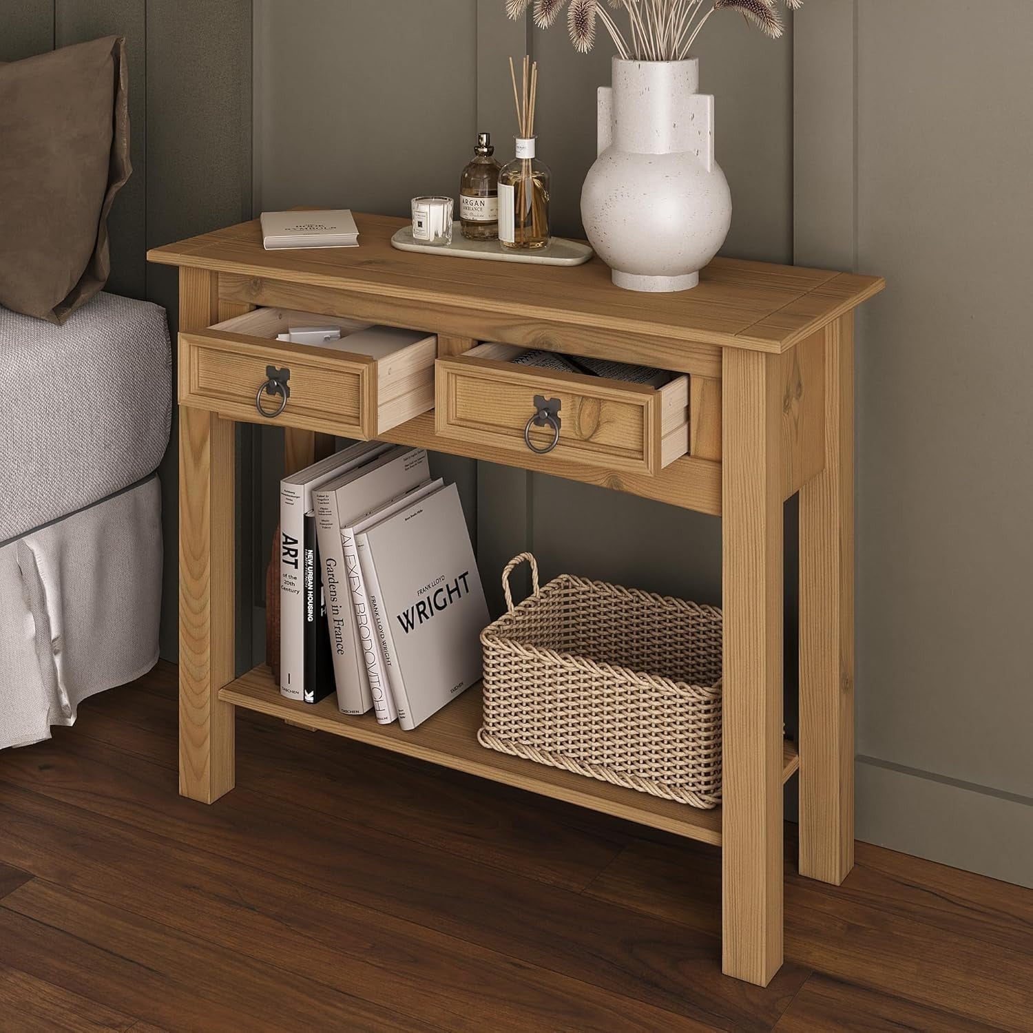Mexican Pine Console Table 2 Drawer Rustic Hallway Unit 90cm Solid Wood