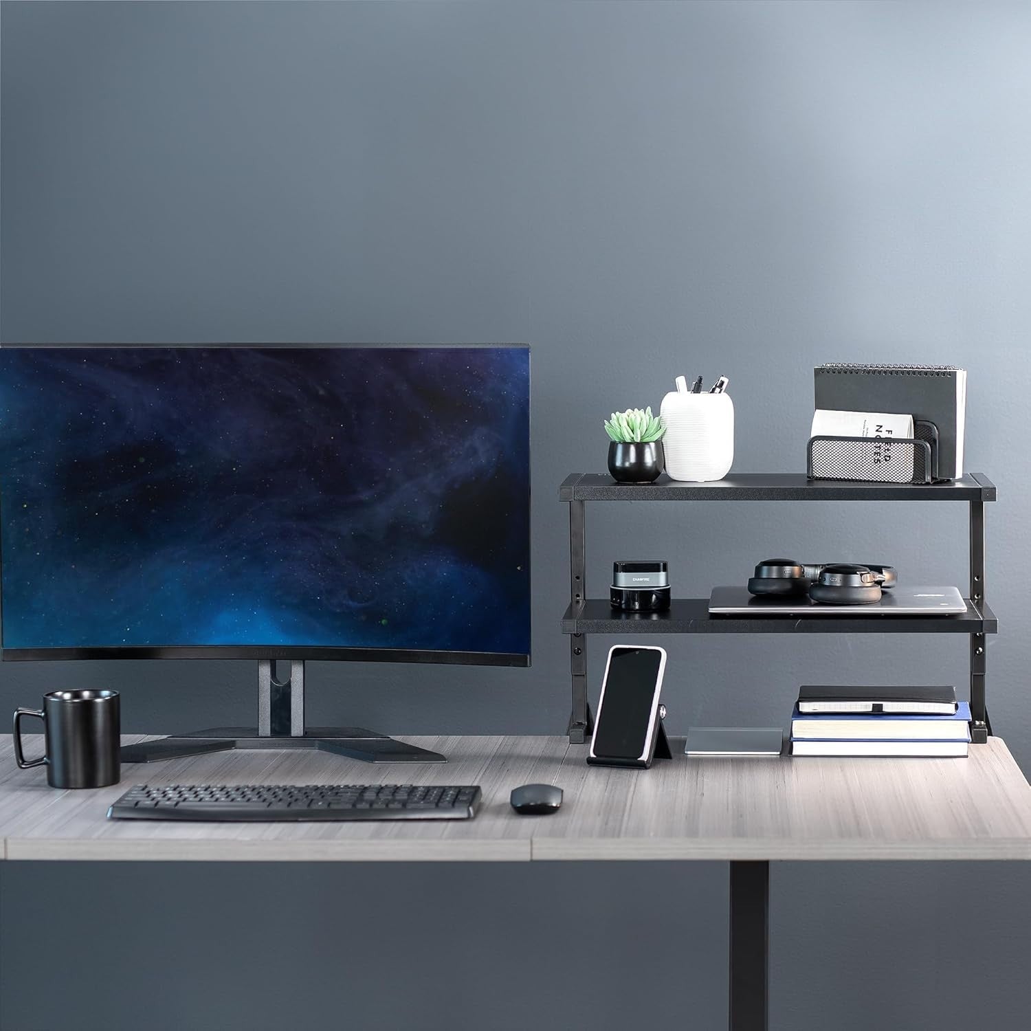 Clamp-On Desk Shelf 2-Tier 61cm Above/Below Mount Storage Organizer Black