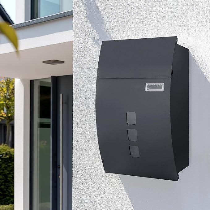 Wall Mounted Lockable Mailbox Black Steel Weatherproof Post Box 4 Keys