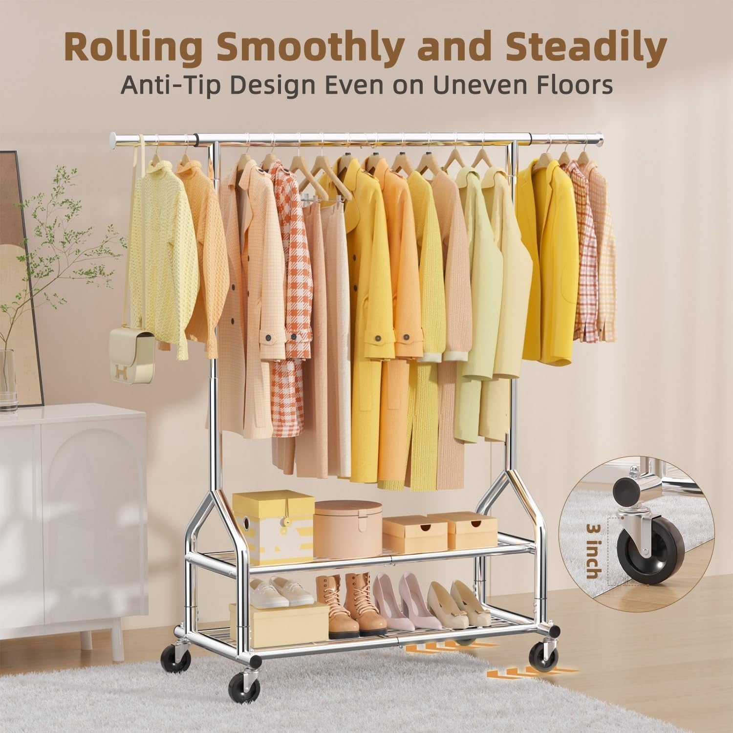 Silver Heavy Duty 252KG Clothes Rail With Shelves & Wheels