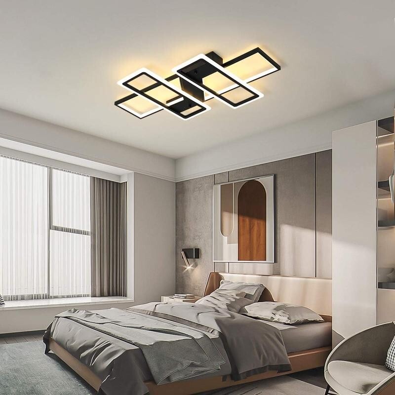 Modern LED Ceiling Light 80W Remote Black 4-Square Dimmable Flush Mount