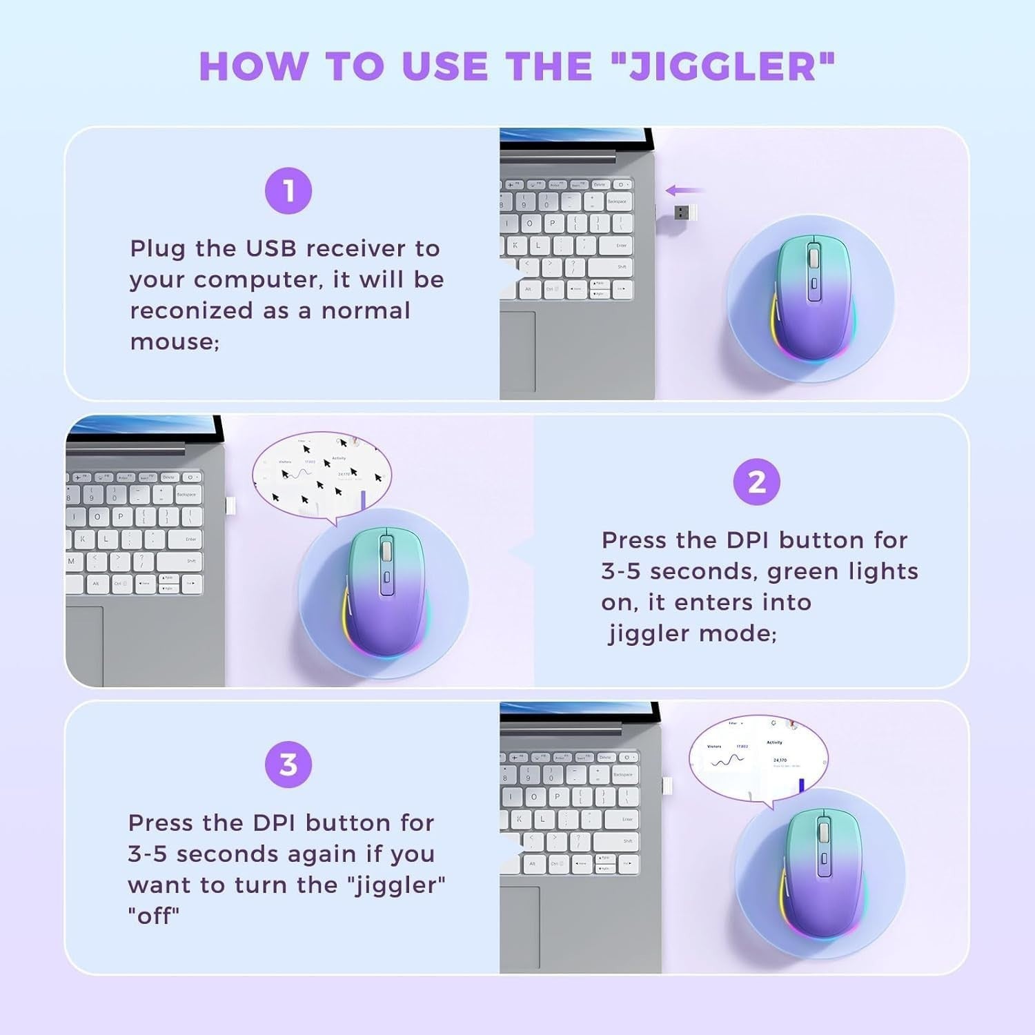 RGB Wireless Mouse Rechargeable Silent USB Jiggler Green Purple