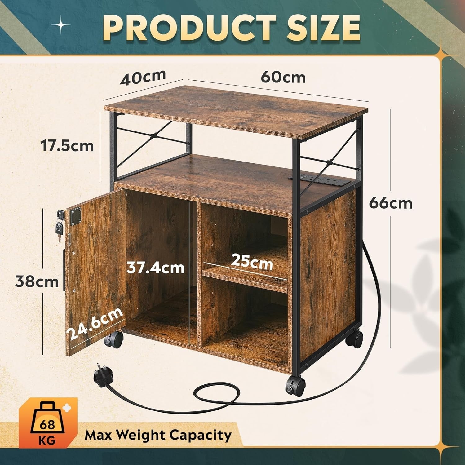 Mobile File Cabinet with Power Outlets Lockable Printer Stand 66cm