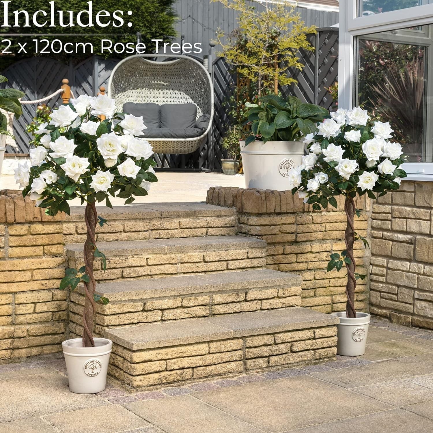 4ft Artificial Cream Rose Trees 2-Pack Twisted Trunk Potted Indoor Outdoor Decor